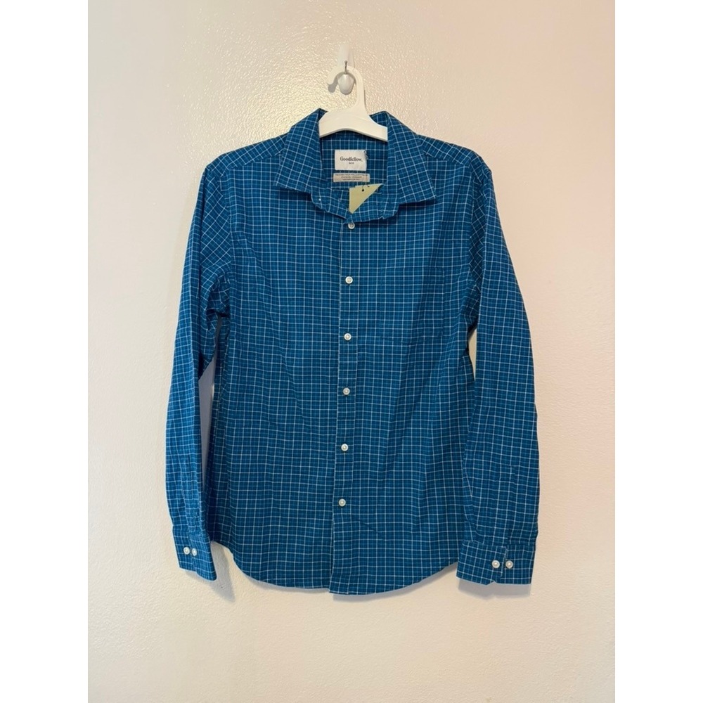 Goodfellow & Co Mens Teal Grid Every Wear Poplin Button Down Shirt Size M New